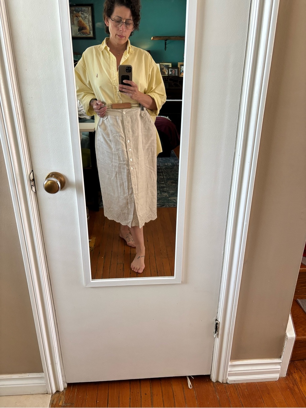 Linen-Blend Cream Button-Front Midi Skirt with Eyelet Hem - Picture 6 of 6